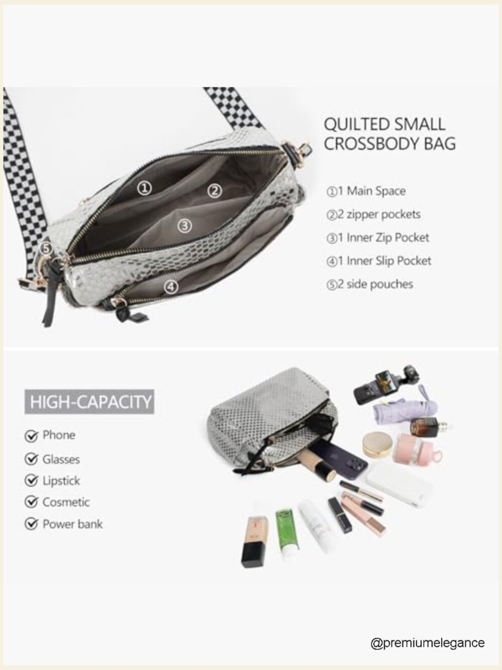 Small Crossbody Bag - Nylon Quilted Purse with Multiple Zippers Fits Phone and - Picture 4 of 7